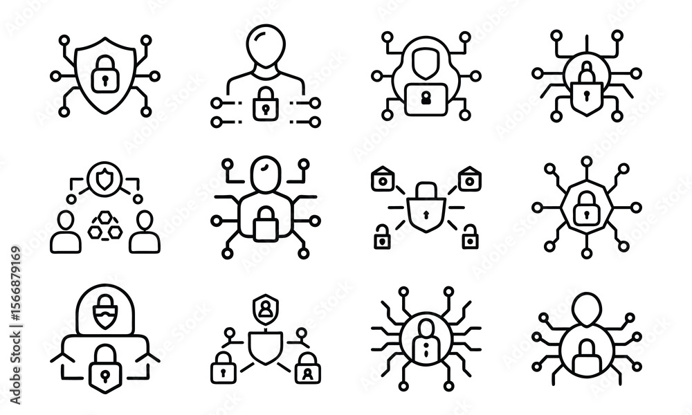 Poster cybersecurity icons representing network protection data privacy and secure digital systems