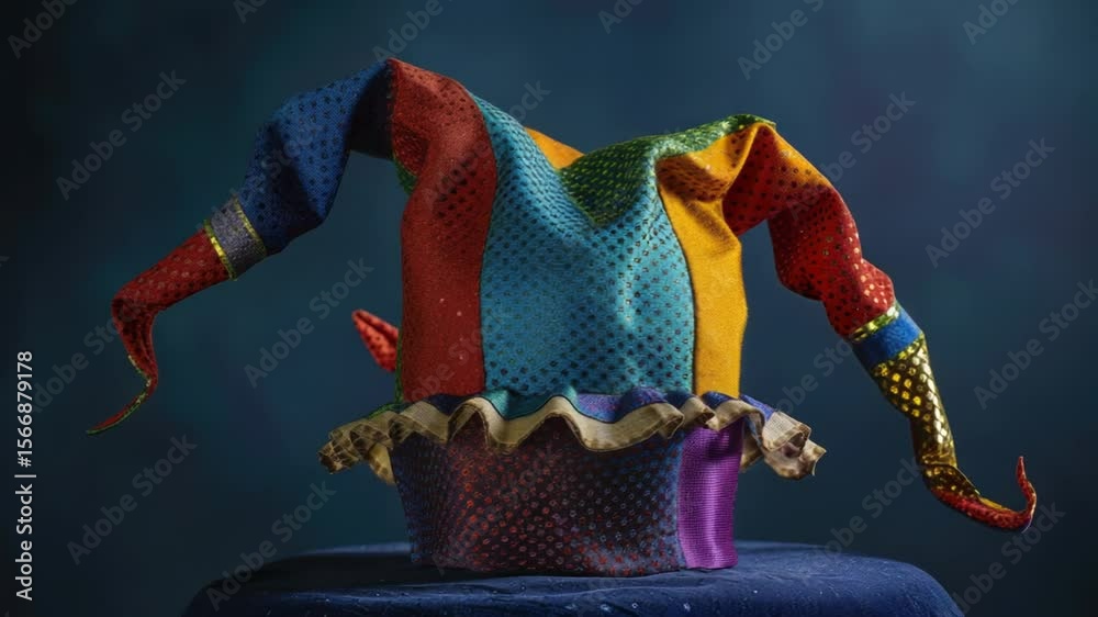 Poster a colorful clown hat sits on top of a wooden table, ready for use or display