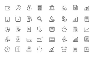 Financial Accounting Icon Set | Adjustable Line Weight | Budget, Tax, Invoice, Savings, Calculator, Bank, Balance, Report, Audit, Payroll, Expense, Cash, Ledger, Investment Icons,