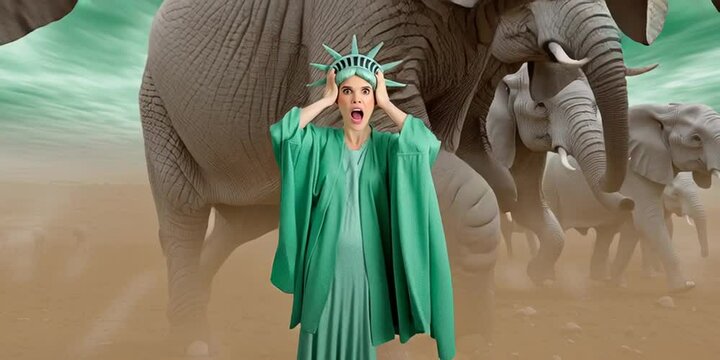 Woman dressed as lady liberty during rampage of elephants
