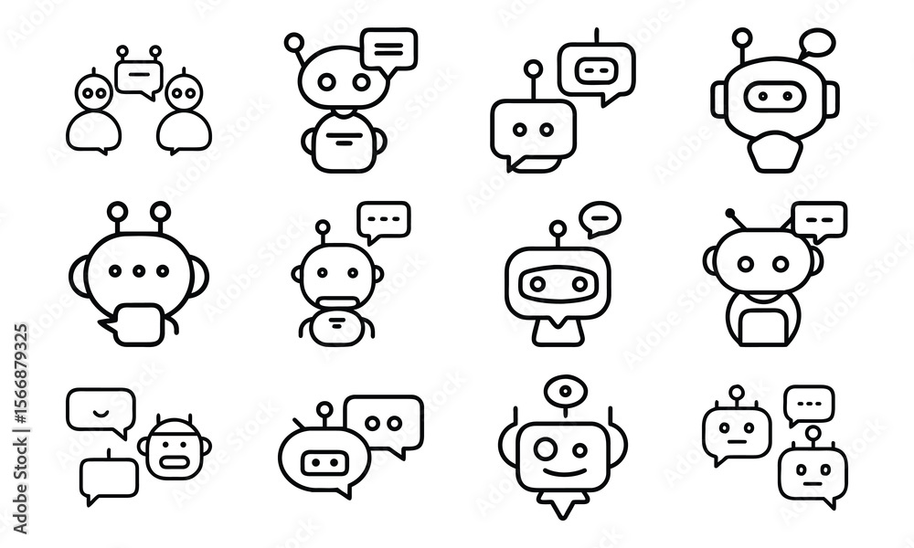 Poster collection of illustrated chatbot icons representing artificial intelligence and automated communica