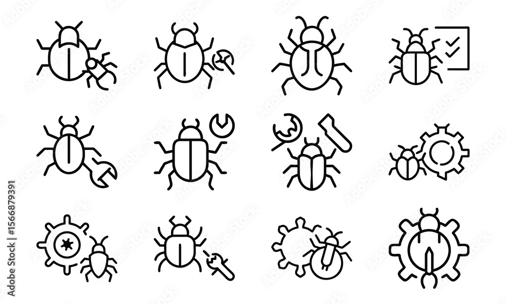 Poster conceptual icons of software bugs debugging and repair in a clean line art style