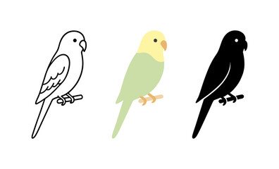 Minimalist parrot design in three unique styles: outline, colorful, and silhouette
