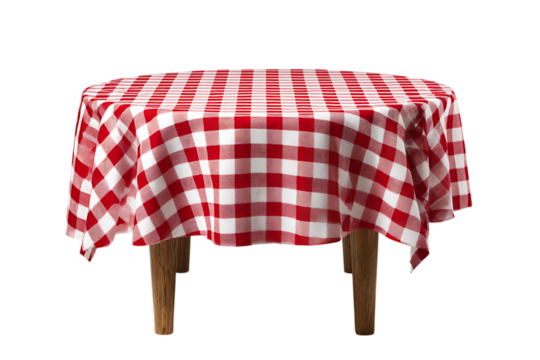 Red and white checkered tablecloth on round table
