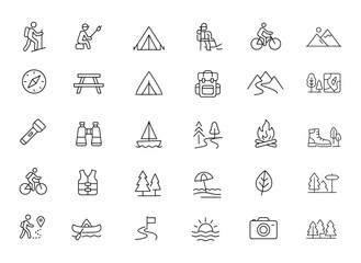 Outdoor Recreation Vector Icon Set | Adjustable Line Weight | Adventure, hiking, camping, fishing, kayaking, biking, compass, mountains, tent, picnic, backpack, exploring, leisure, map
