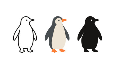 Obraz premium Three cute penguins: line art, colorful drawing, silhouette illustration
