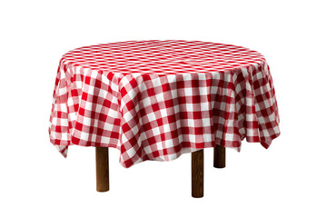 Red and white checkered tablecloth on round table