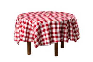 Red and white checkered tablecloth on round table