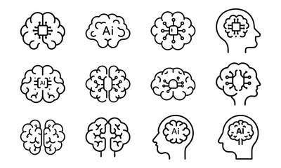 Collection of minimalist brain icons symbolizing artificial intelligence and digital thinking concepts