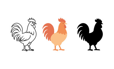 Fototapeta premium Artistic rooster evolution: outline, color, silhouette in vector style