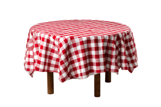 Red and white checkered tablecloth on round table