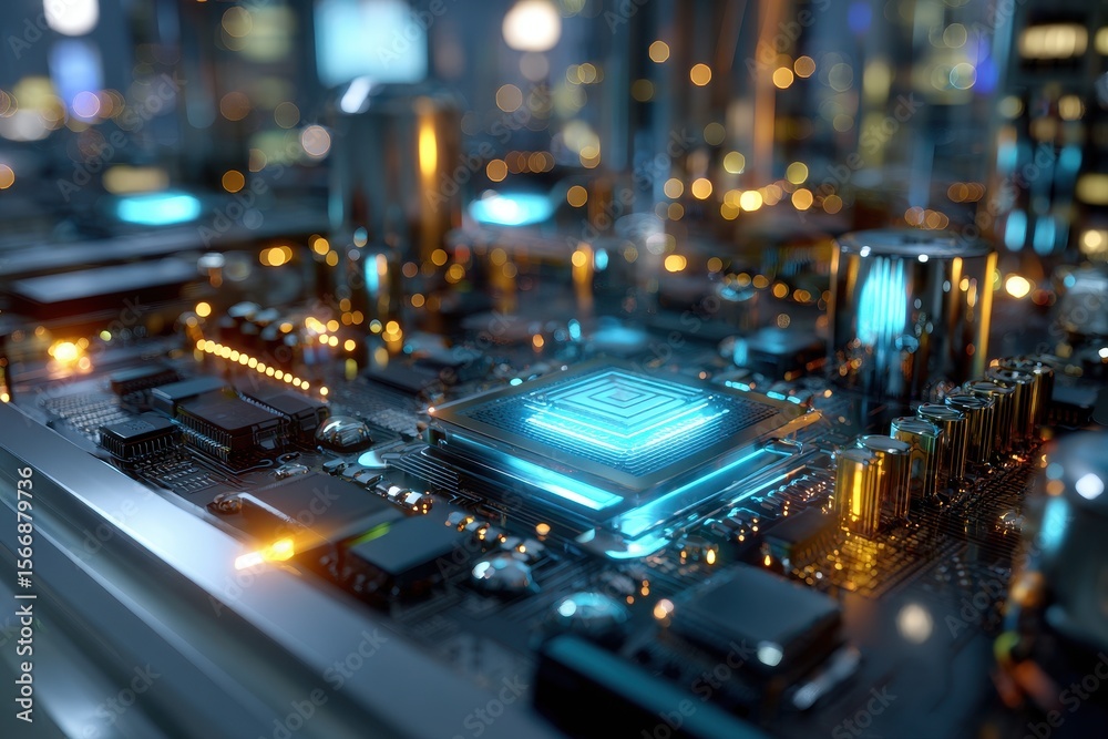 Aufkleber technology and innovation represented by a close-up of a modern computer circuit board illuminated a