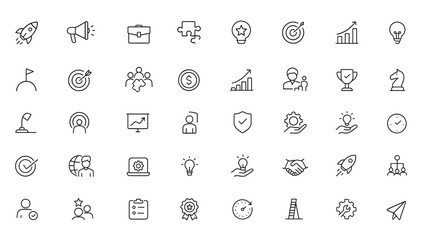 Startup icon vector set with adjustable line weight — includes rocket, teamwork, growth, money, target, web, innovation, goal, analysis, shield, megaphone, trophy, briefcase