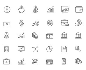 Finance Investment Vector Icon Set | Adjustable Line Weight | Piggy bank, cash, wallet, savings, portfolio, coins, dollar, funds, chart, money, budget, growth, wealth, economy, capital, banking