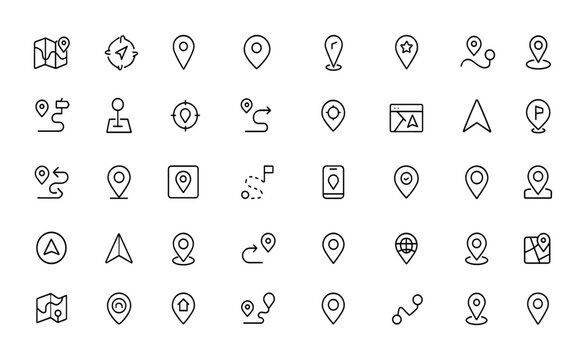 Navigation icon set with adjustable line weight. Vector outline of map, compass, route, pin, location, marker, destination, travel, geography, direction symbols, label, plan, locator, web app design