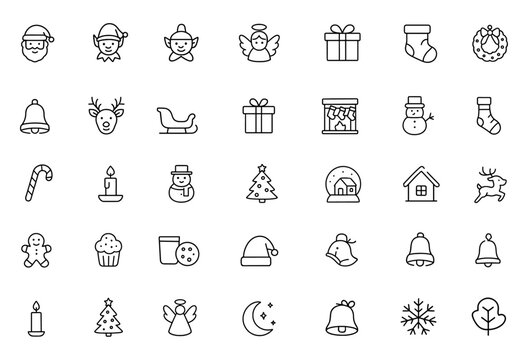 Santa Claus and festive Christmas icon set with elf, reindeer, sleigh, angel, stockings, candy, snowman, tree, presents, fireplace, bell, gingerbread man, winter decoration, vector illustration