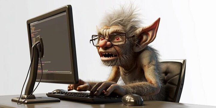 An internet troll is typing toxic messages in forums on his computer isolated on white backgroun