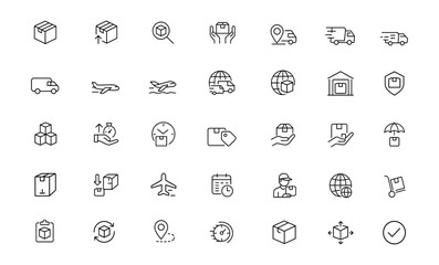 Cargo transport icon pack with adjustable line weight vector set: box, package, delivery, shipment, freight, globe, van, truck, plane, ship, parcel, courier, express symbol, delivery tracker