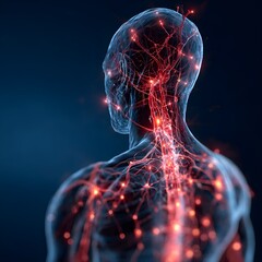 Human body with glowing red pain points on neural pathways illustrating pain or nerve stimulation,	