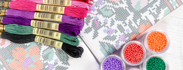 Palette of thread colors. Threads for embroidery knitting
