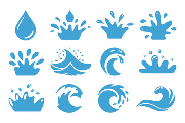 Water drop and splash icon collection, blue aquatic elements, wave vector set, summer theme, fresh and clean design