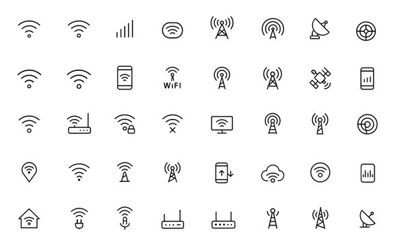 Adjustable line weight wireless cellular network icon set: vector illustration of telecom signal, Wi-Fi, antenna, transmission wave symbols, mobile connectivity, digital broadcast technology
