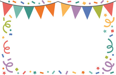 Bright bunting border, festive party frame, colorful celebration background, holiday event invitation, cheerful design