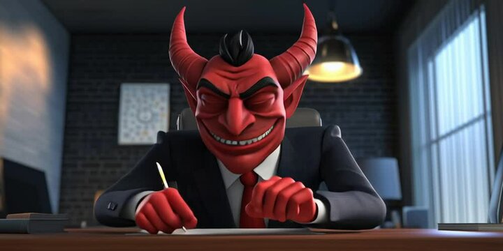 3D animated devil working in the office on paperwork