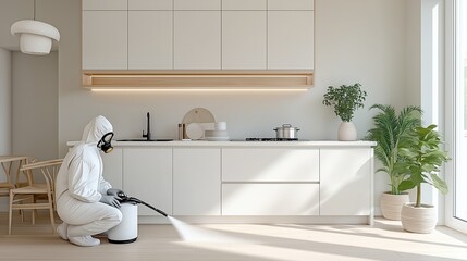 A professional in full protective hazmat gear disinfects a modern white kitchen with plants and natural light. Sterility and home comfort, reflecting cleanliness, safety, and sanitation