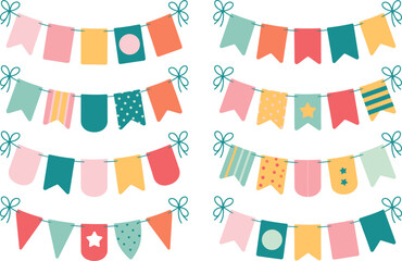 Colorful bunting garland set, hand drawn party flags, festive celebration border, cheerful event decoration, cute illustration