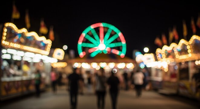 Night Carnival Bokeh: Festive Lights, Ferris Wheel, Blurred Crowd, Amusement Park.