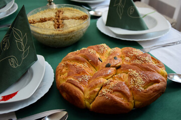 Homemade round festive bread for Serbian orthodox slava