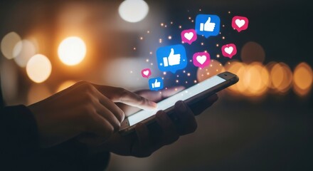 Person using a smartphone with social media likes and hearts appearing