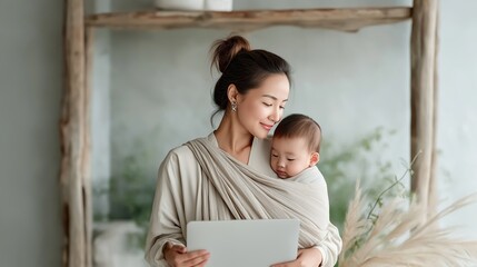 Young Asian mother wearing neutral-toned clothing and a soft baby wrap, holding her sleeping infant while using a digital tablet. Motherhood, multitasking and remote work balance