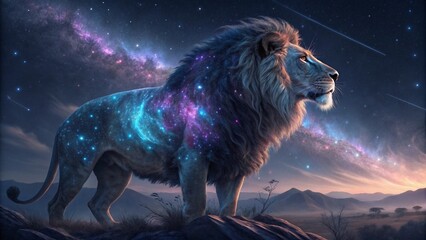 Majestic lion stands under a vibrant cosmic sky, bathed in celestial hues against a beautiful horizon.