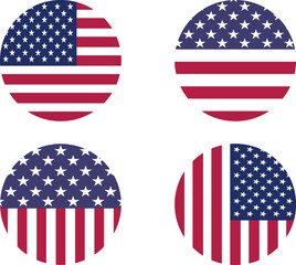 Circular US Flag Designs. USA American Flag Circle Label on White Background.