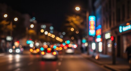 Fototapeta premium Night City Lights: Abstract Bokeh of Urban Street Scene, Blurred Traffic.