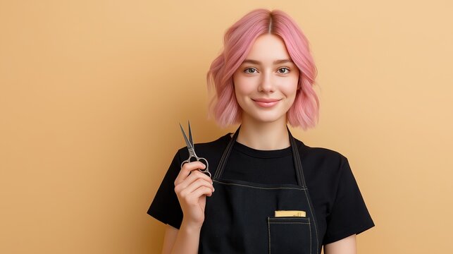 A young female hairdresser with pastel pink bob haircut, smiling and holding a pair of scissors in a modern salon setup. She wears a black apron over casual attire, beauty or salon-related promotions - Powered by Adobe