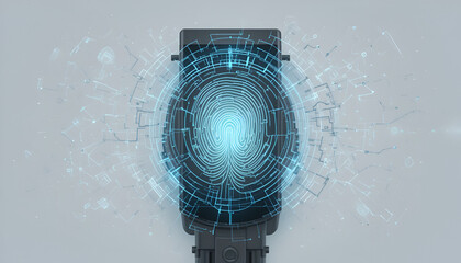 Advanced smartwatch technology is displayed with a futuristic fingerprint scan for biometric security and personal authentication.