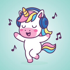 A cute unicorn dancing to music with headphones