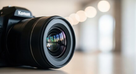 Close up of a black camera lens with reflections and bokeh background