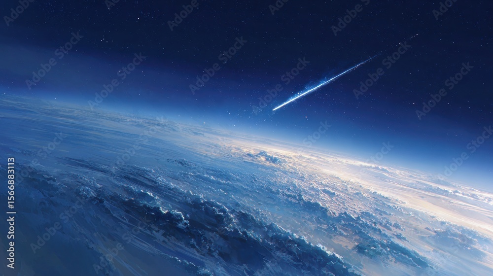 Wall mural meteor streaking across the night sky above earth in outer space