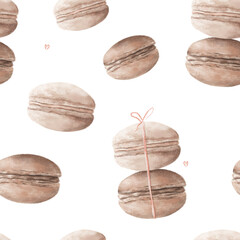 Chocolate macaroons seamless pattern. Hand drawn pattern of French dessert Macaroons in brown colors