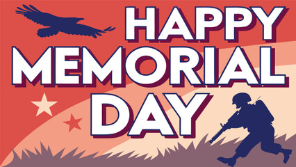 "happy memorial day", "plane flying over silhouetted mountains at sunset", "american flag waving against dramatic sky", "soldier standing salute in foreground", "patriotic holiday celebration landscap