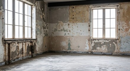 Dilapidated room with peeling paint and two windows letting in bright light on a concrete floor...