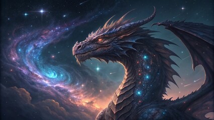 Mythical dragon soars through a celestial space fantasy, a cosmic wonder with nebulae and stars