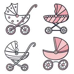 Set of 4 doodle icons for a baby strollers. White background.