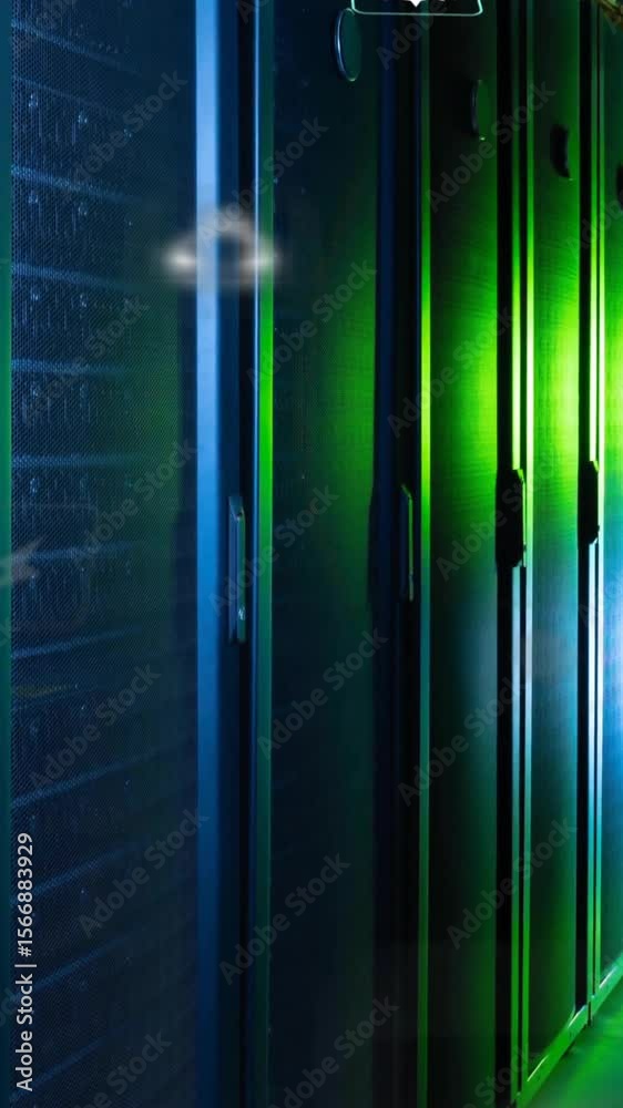 Poster animation of eco icons and data processing over computer servers