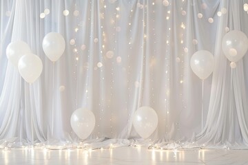 Sharp Image of Blank White Backdrop with Balloons and Lights for Product Display