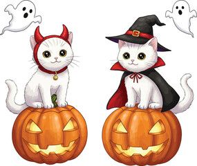 Fototapeta premium Halloween Cats and Pumpkins: Two adorable, costumed kittens pose playfully atop carved pumpkins. Amidst a backdrop of floating ghost figures.